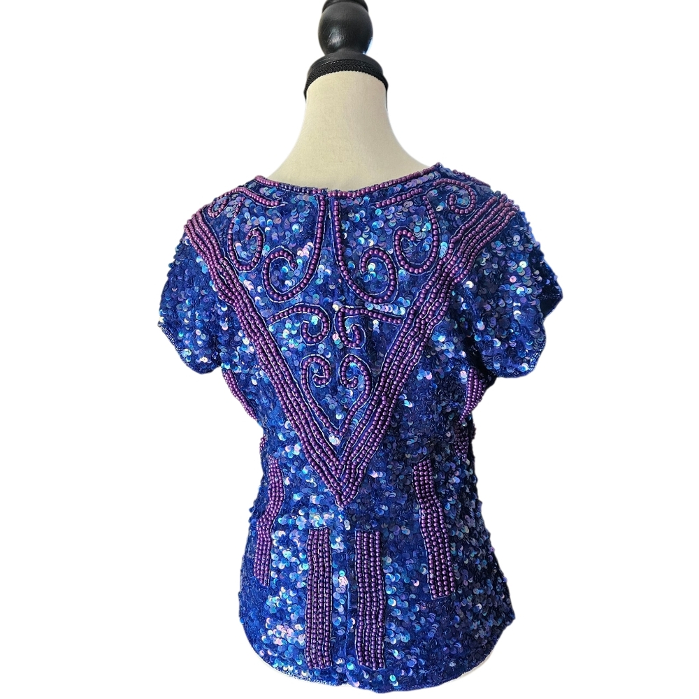 Vintage Silk Blue Beaded Sequin Top Petite XL - Picture 6 of 14